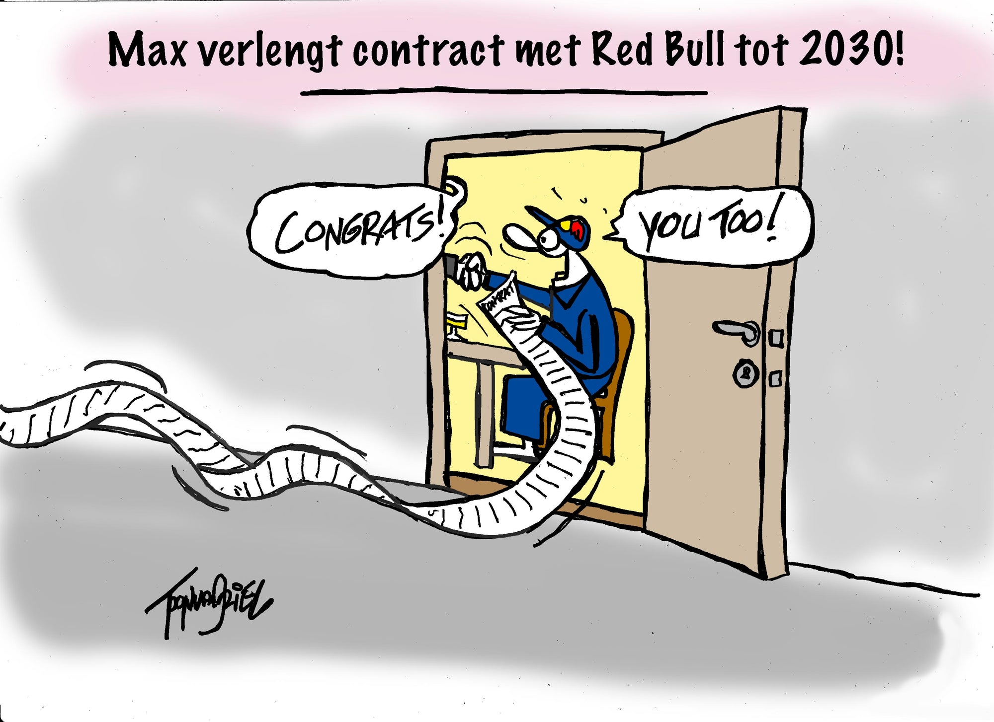 Cartoon waarin Max Verstappen een meterslang contract bij Red Bull tekent, geldig tot 2030.