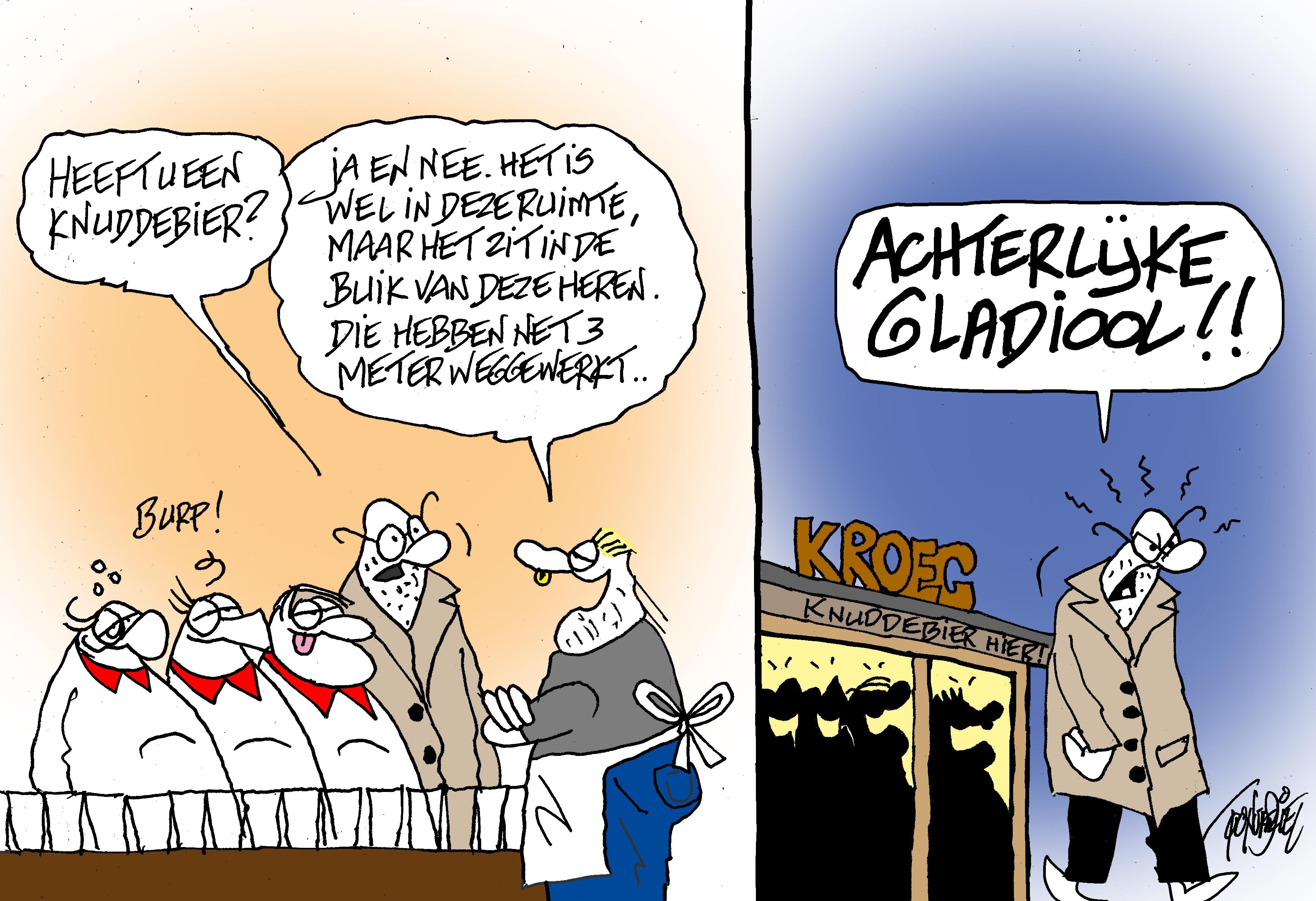 F.C. Knudde-strip van Toon van Driel: de heren hebben het Knuddebier al opgedronken; buiten klinkt 'Achterlijke gladiolen!'.