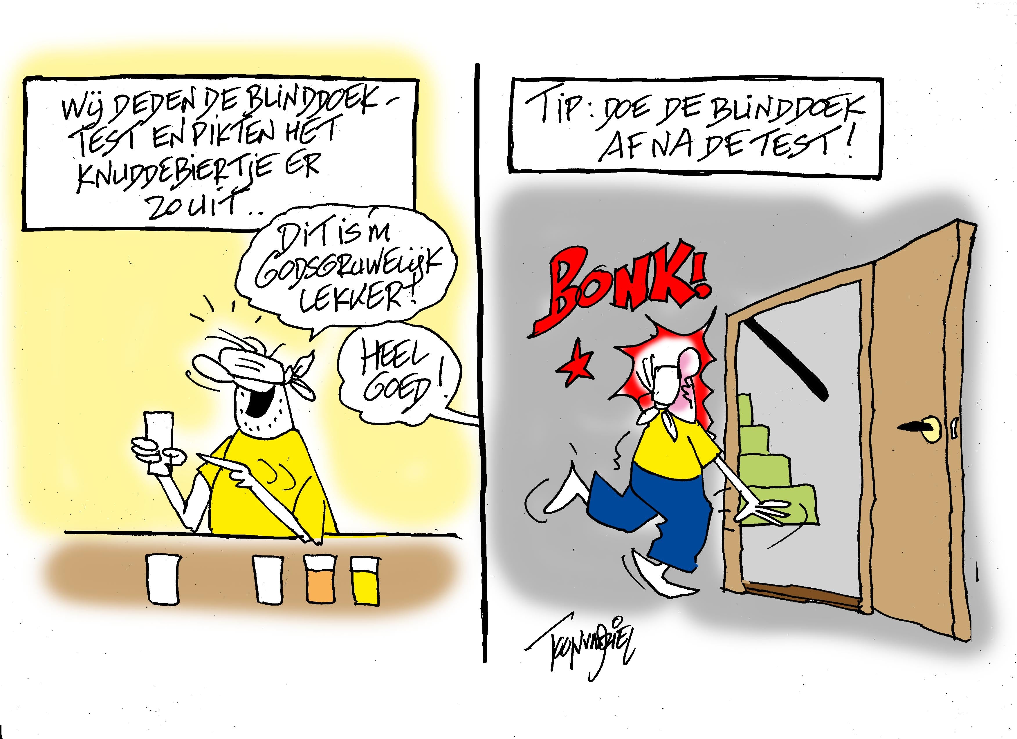 F.C. Knudde-strip van Toon van Driel: na een blinddoektest met Knuddebier loopt de proever tegen een deur.