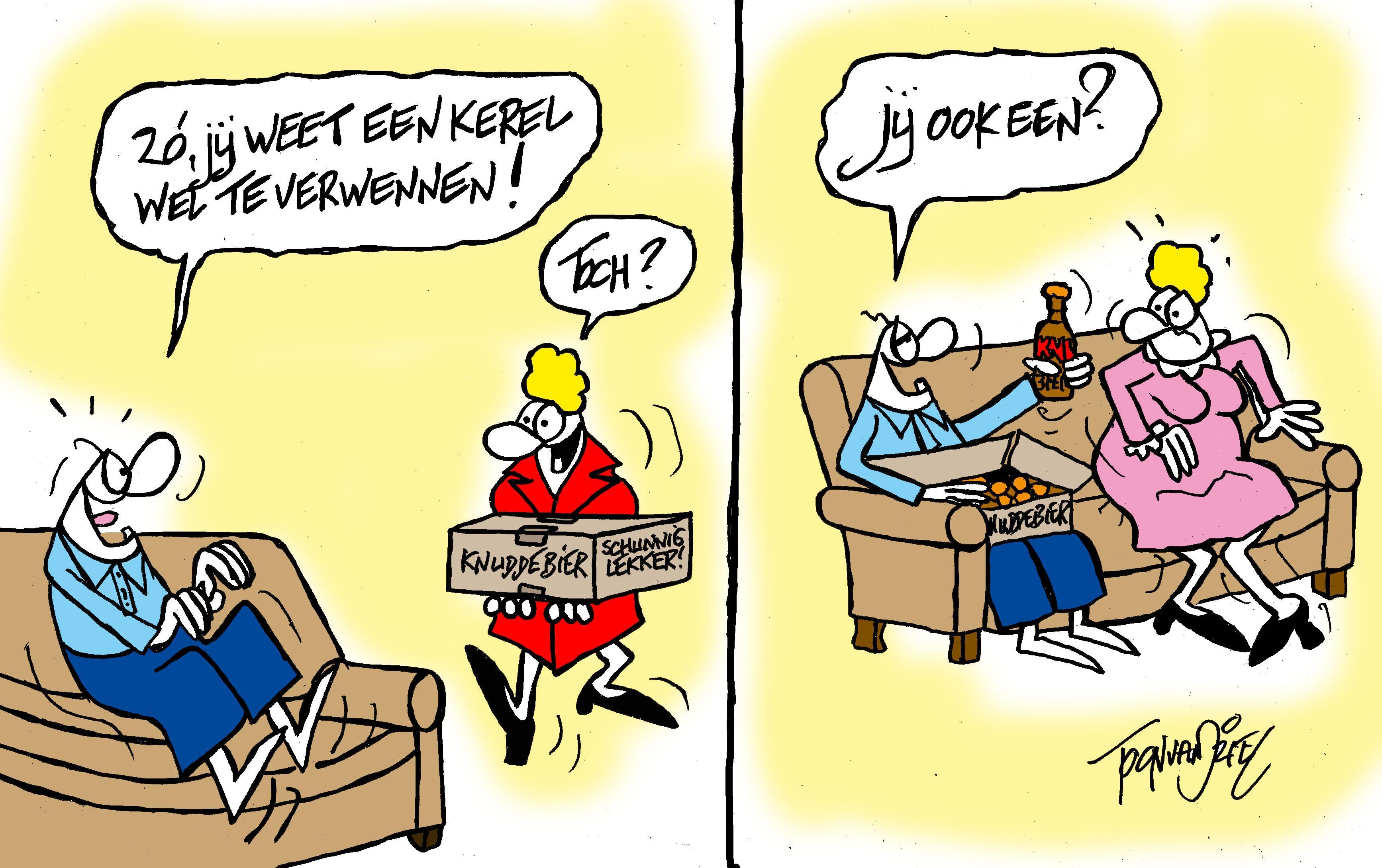 F.C. Knudde-strip van Toon van Driel: een man wordt met Knuddebier verwend en vraagt op de bank of de vrouw ook een biertje wil.