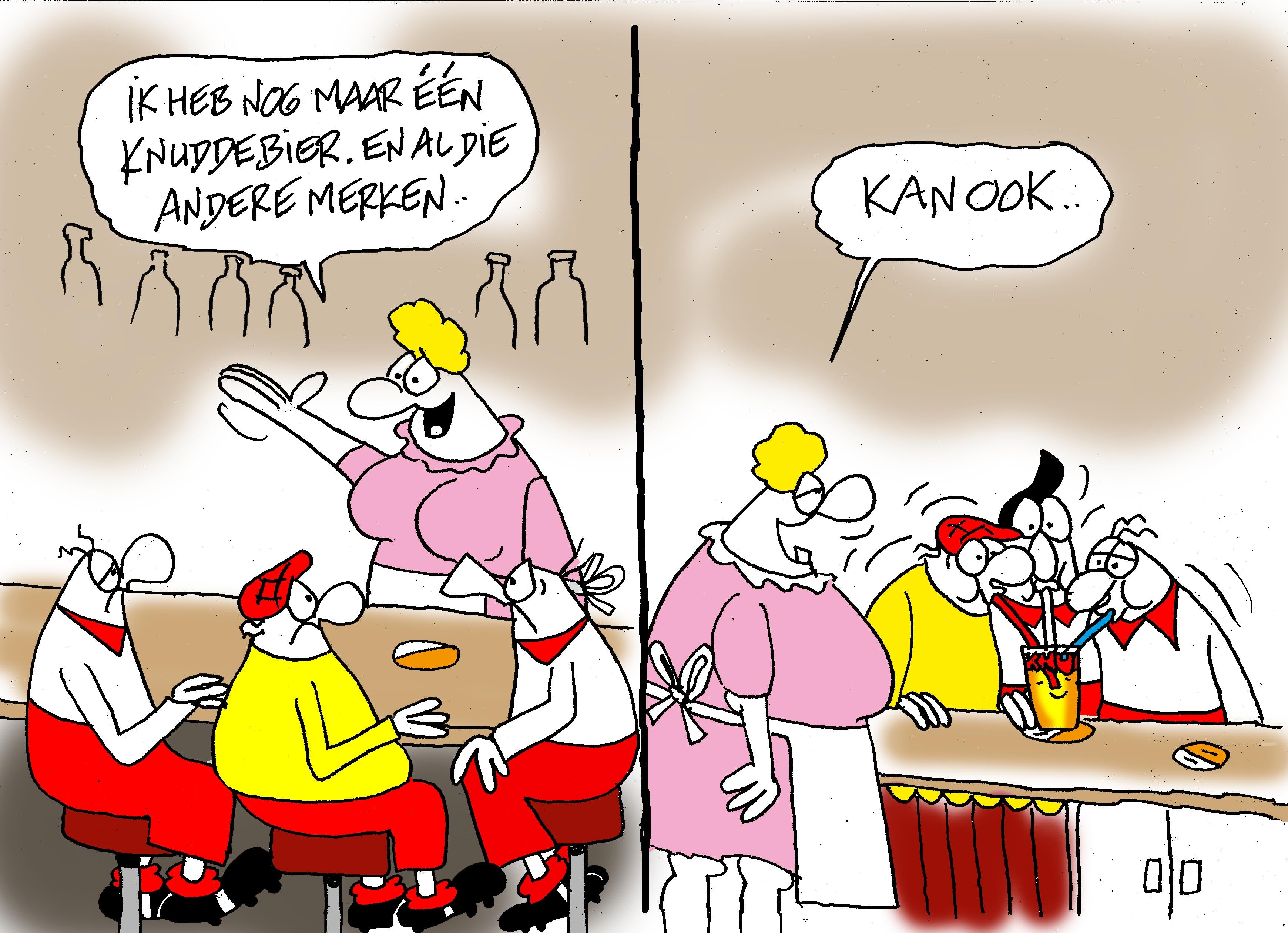 F.C. Knudde-strip van Toon van Driel: nog maar één Knuddebier kan ook betekenen dat iedereen uit hetzelfde glas drinkt.