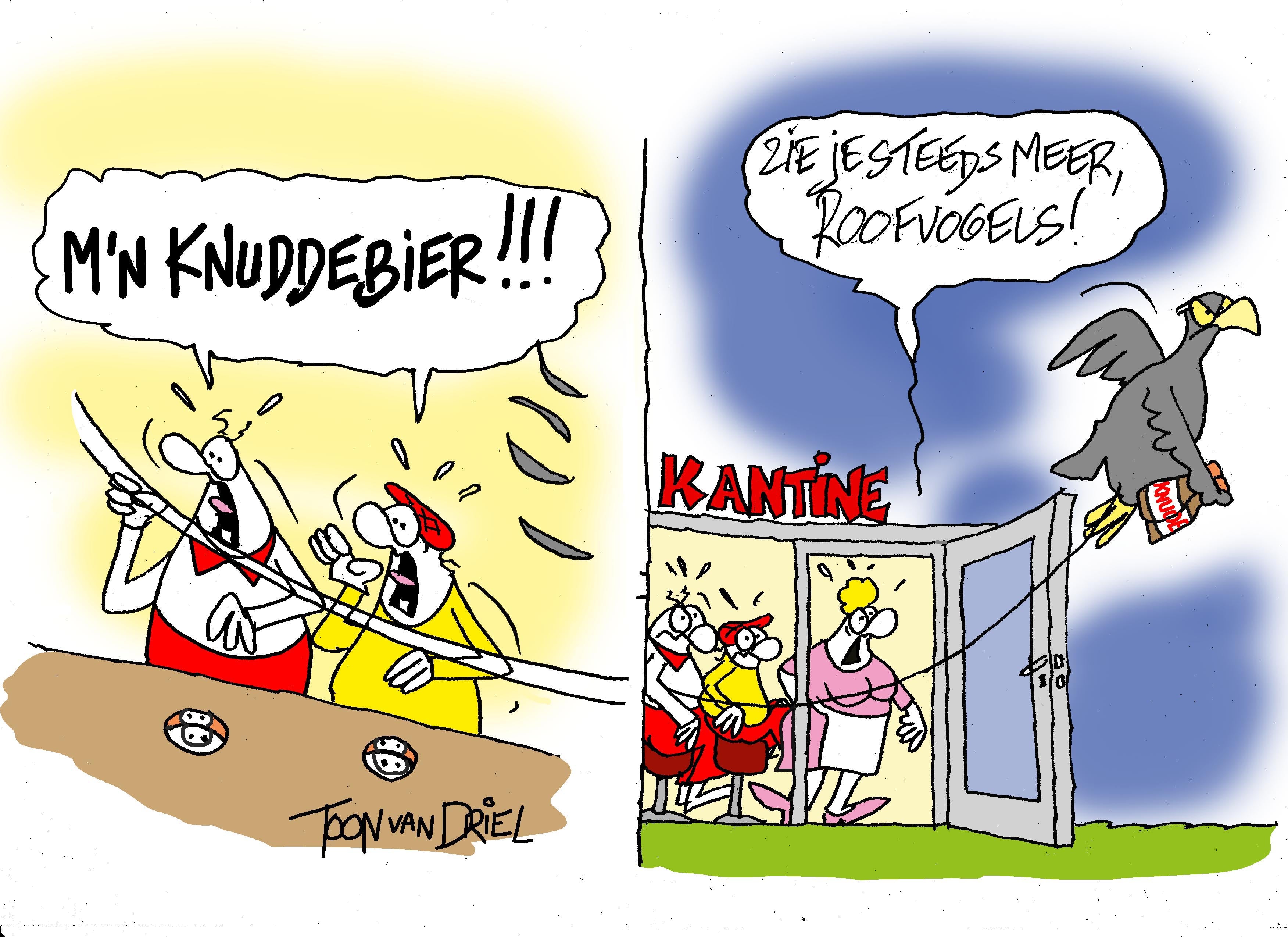F.C. Knudde-strip van Toon van Driel: een roofvogel vliegt met Knuddebier weg, terwijl de kantine zegt dat er steeds meer roofvogels zijn.